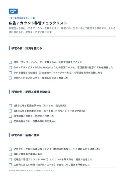 広告アカウント移管チェックリストの表紙